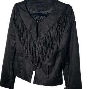Vintage Black Fringe Faux Suede Jacket Suedette Shacket Size Small Western Core